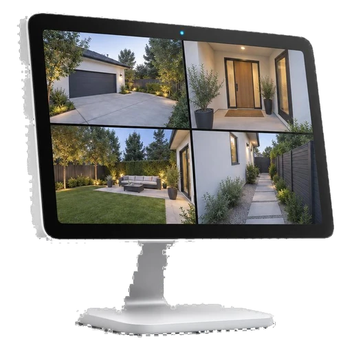 A tablet on a stand showing four cameras